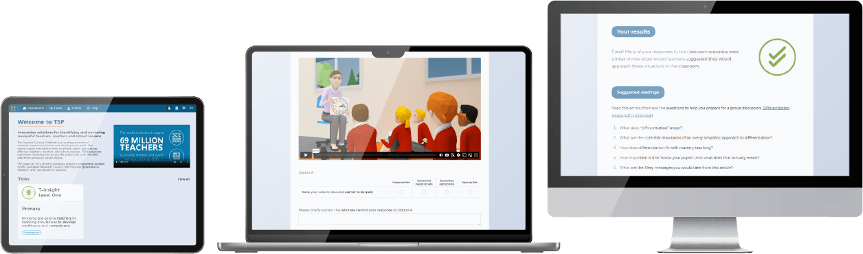 T-Insight, our teacher education courses, displayed on a computer, laptop and tablet.